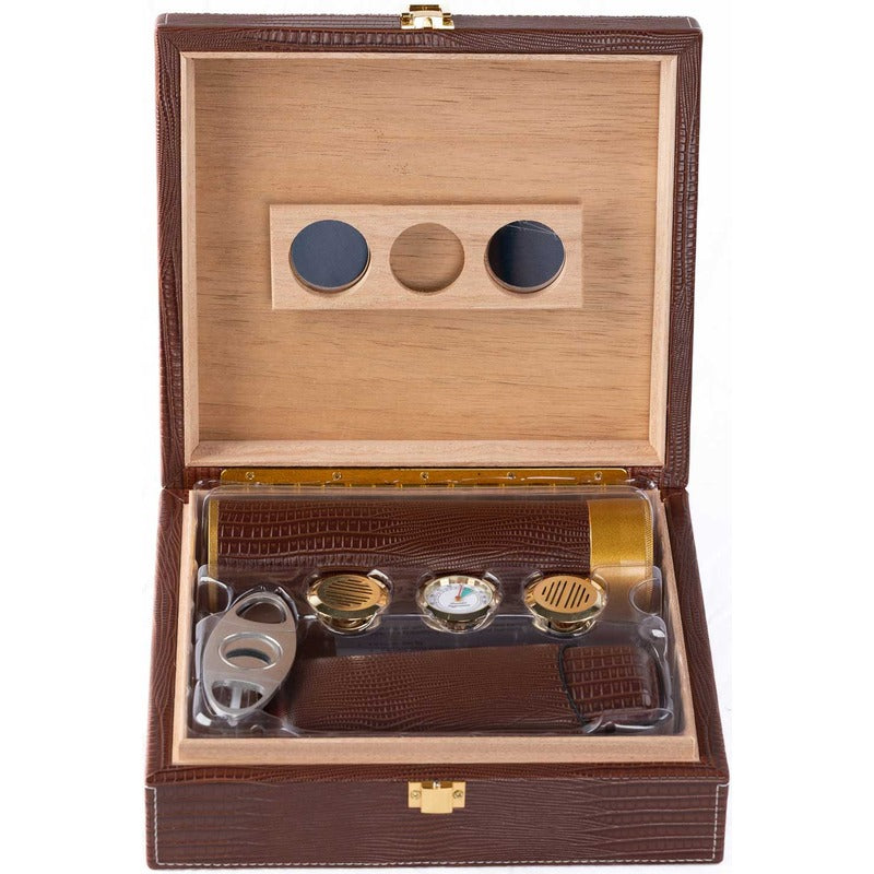 Luxury Leather Humidor Case with Magnetic Hygrometer & Cutter