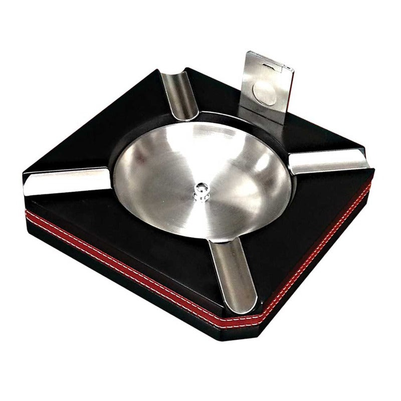 Sleek Wood Ashtray with Leather Trim & Cutter