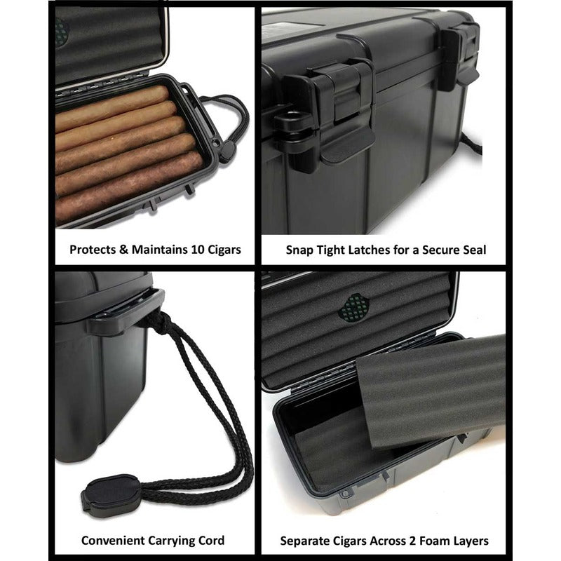 Portable Black Travel Humidor Case with Foam Beds & Humidifier