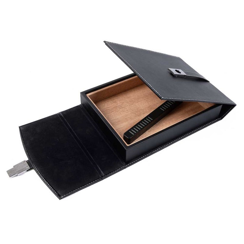Premium Black Leather Travel Storage Case with Built-in Humidifier