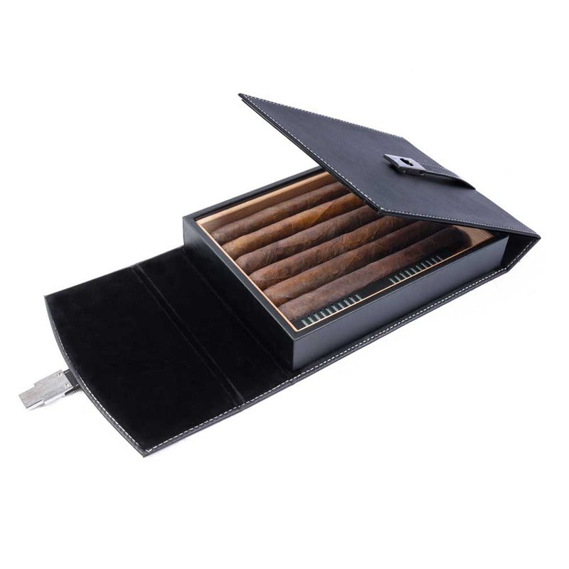 Premium Black Leather Travel Storage Case with Built-in Humidifier