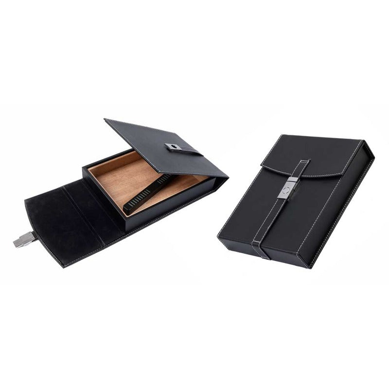 Premium Black Leather Travel Storage Case with Built-in Humidifier